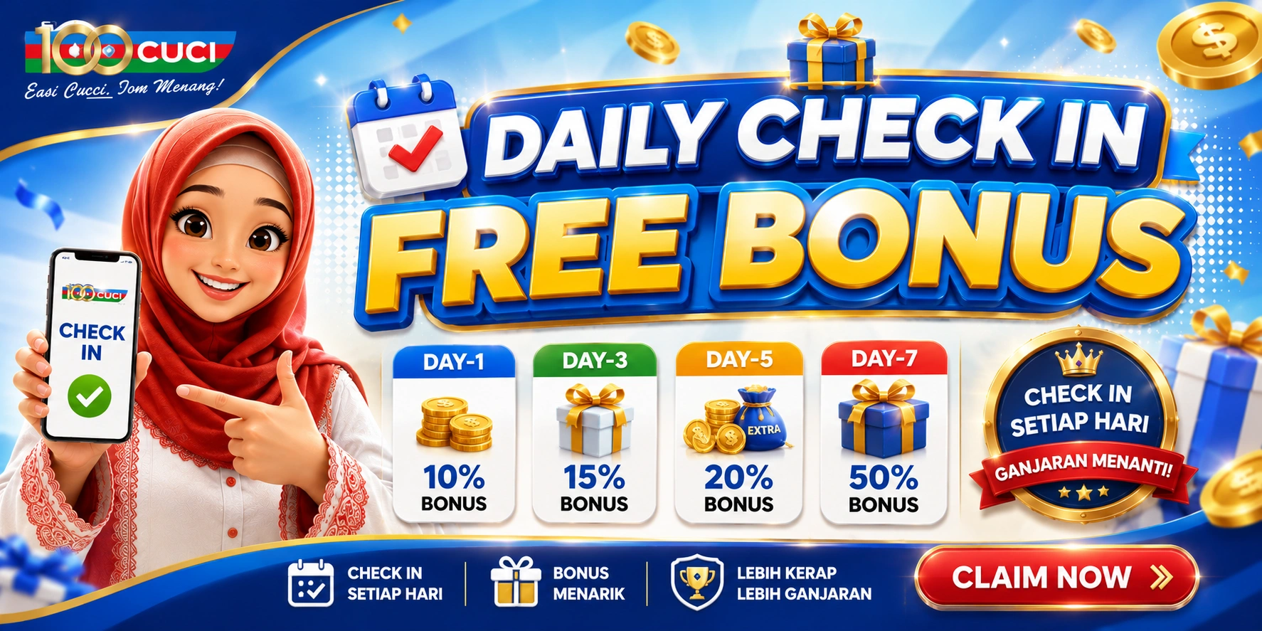 100Cuci daily check in free bonus banner with tudung girl, daily reward check in campaign and free bonus promotion